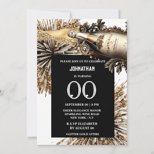 Invitación Moda hito cumpleaños fuegos artificiales de vino e (Anverso)