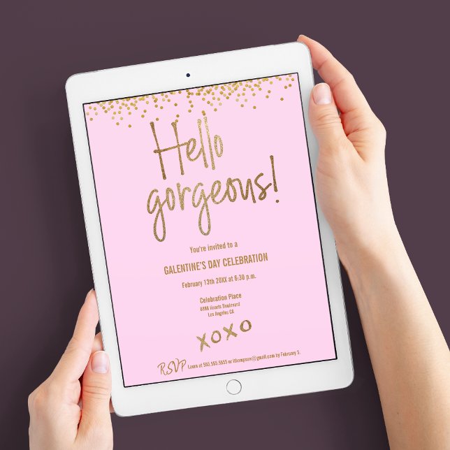 Invitación Moda Hola preciosa Galentine Gold Confetti rosa (Digital download available for this "Hello Gorgeous!" xoxo Galentine's day pink and gold invite)