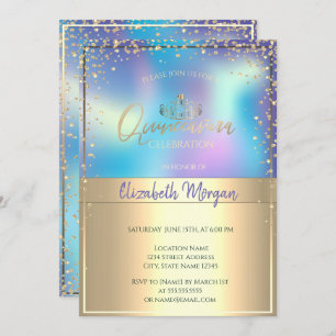 Invitación Moda Holografía Oro Tiara, Diamantes Quinceañera