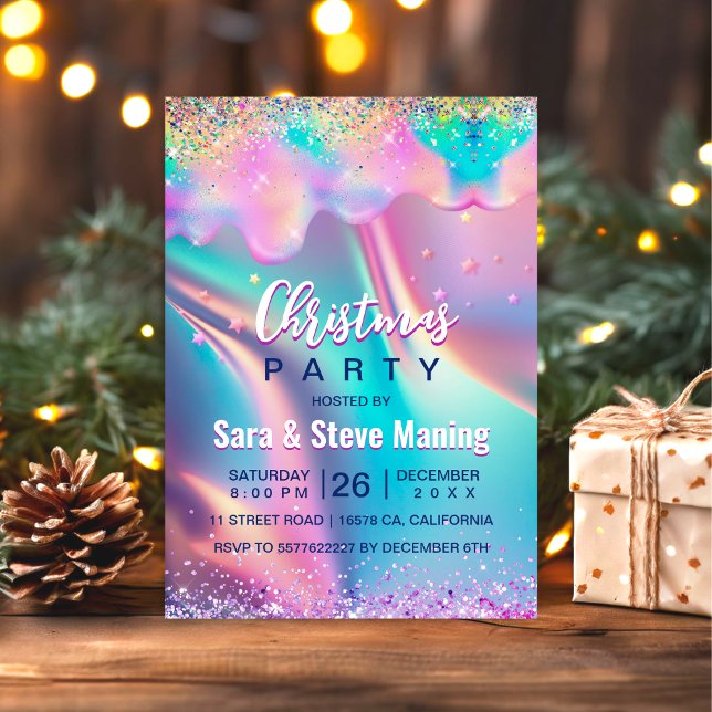 Invitación Moda holográfica unicornio gotea Navidades purpuri (Subido por el creador)
