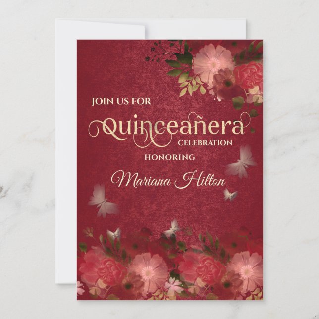 Invitación Moda huerto floral mariposa roja Quinceañera (Anverso)