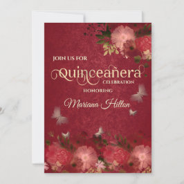 Invitación Moda huerto floral mariposa roja Quinceañera