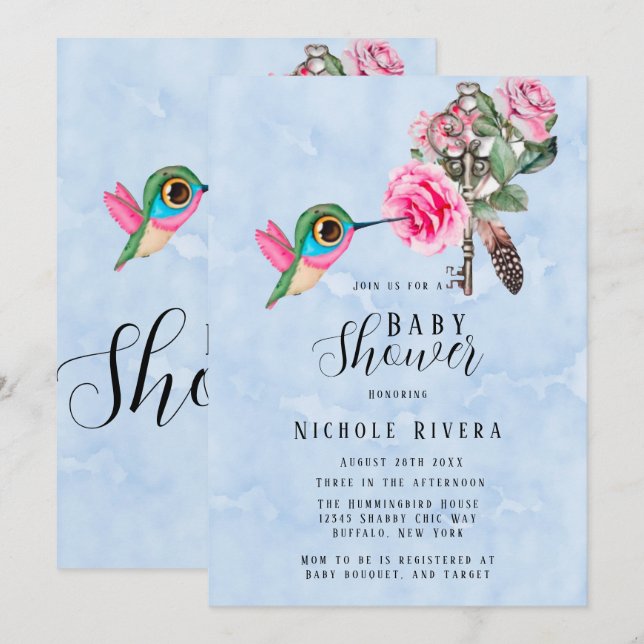 Invitación Moda Hummingbird Floral Key Baby Boy Shower (Anverso / Reverso)