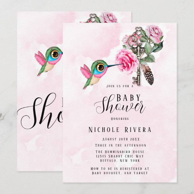Invitación Moda Hummingbird Floral Key Baby Shower (Anverso / Reverso)