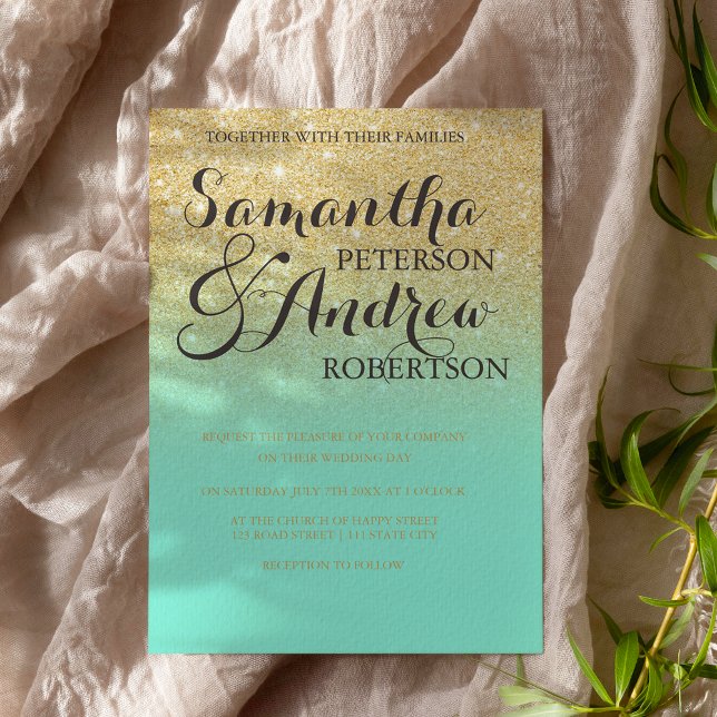Invitación Moda imitación purpurina oro menta boda verde (Subido por el creador)