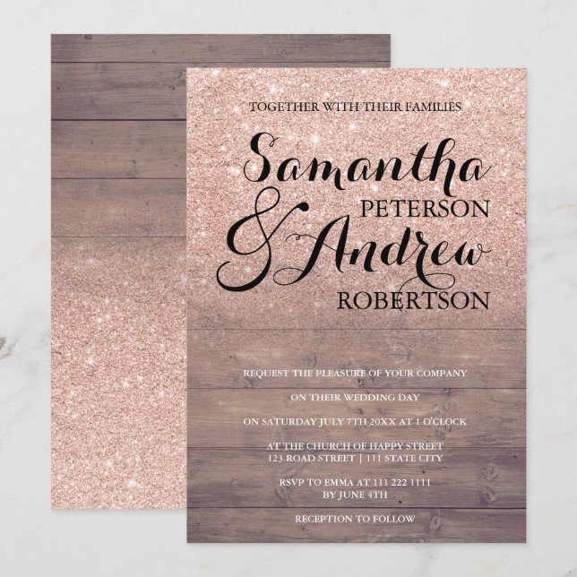 Invitación Moda imitación rosa purpurina rústico boda de made (Anverso / Reverso)