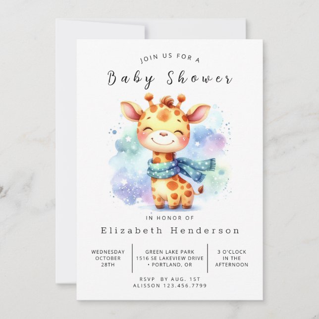 Invitación Moda Imprimible Giraffe Baby Shower (Anverso)