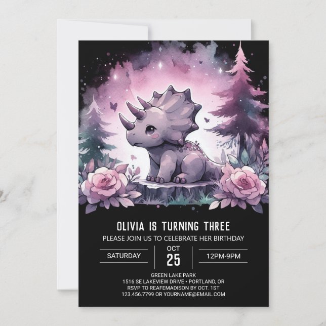 Invitación Moda Imprimible Triceratops Cumpleaños (Anverso)