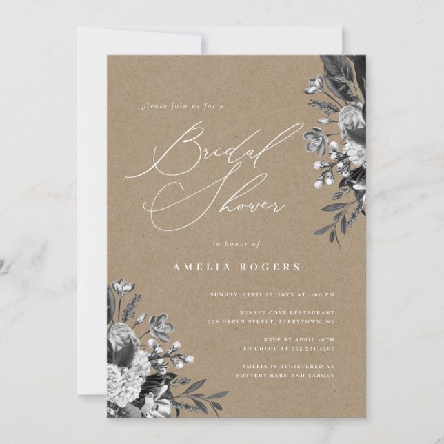 Invitación Moda industrial Rústica floral Kraft Bridal Shower (Anverso)