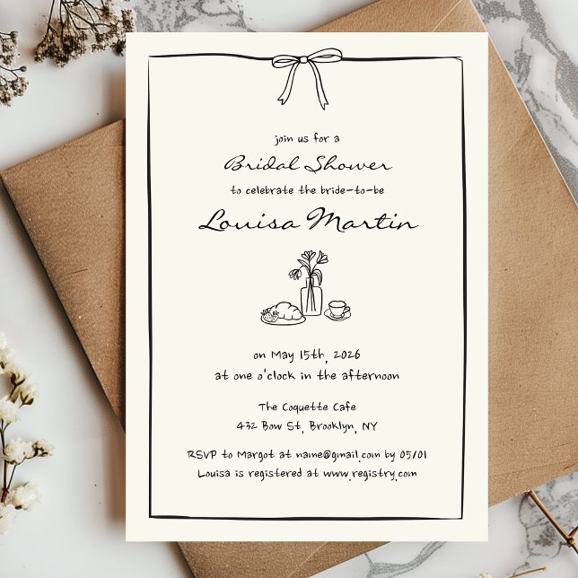 Invitación Moda inmadura Coquette Bow Bridal Shower Brunch (Celebrate the bride with this stylish invitation featuring a bow and hand drawn bridal brunch scene!)