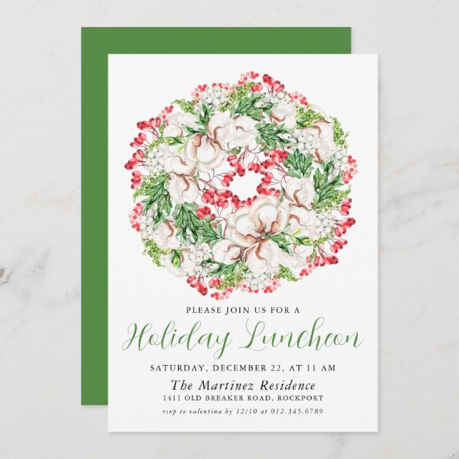 Invitación Moda Invernal acuarela Wreath Holiday Luncheon (Anverso / Reverso)
