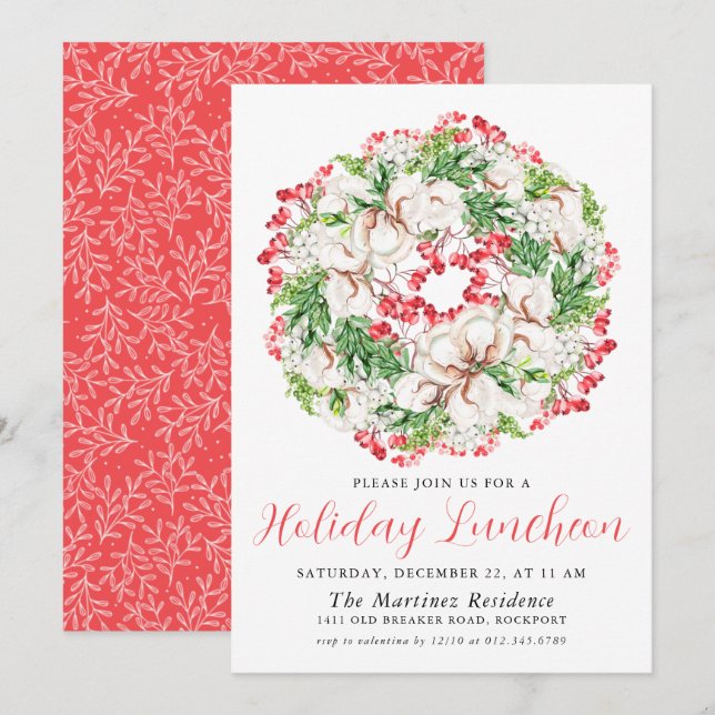 Invitación Moda Invernal acuarela Wreath Holiday Luncheon (Anverso / Reverso)