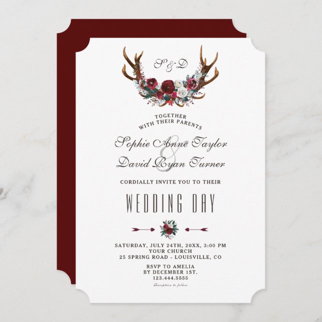 Invitación Moda Invierno Borgoña Floral Antlers Boda de oro (Anverso / Reverso)
