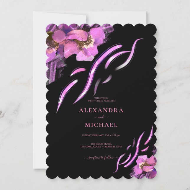 Invitación Moda Iris rosa Flores Boda negro (Anverso)