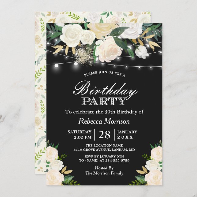 Invitación Moda Ivory Floral String Lights Fiesta de cumpleañ (Anverso / Reverso)