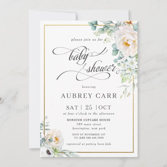 Invitación Moda Ivory Peony Rosa Floral Greenery Baby Shower (Anverso)