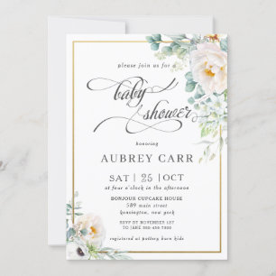 Invitación Moda Ivory Peony Rosa Floral Greenery Baby Shower