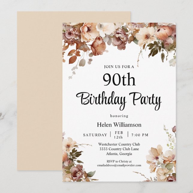 Invitación Moda Jardín Acuarela Floral Rosa 90 cumpleaños (Anverso / Reverso)