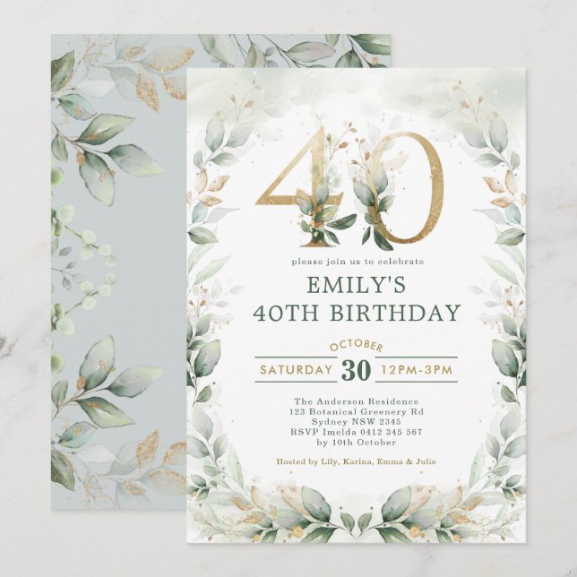 Invitación Moda Jardín Botánico de Oro 40 cumpleaños (Anverso / Reverso)