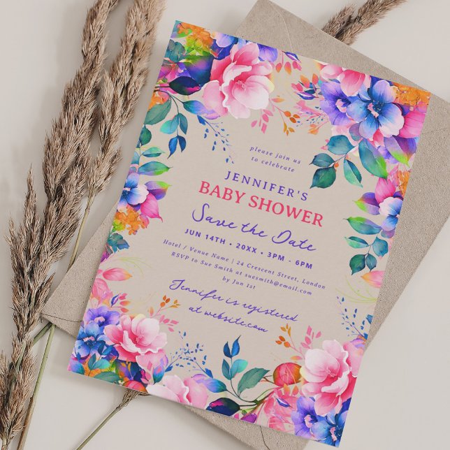 Invitación Moda Jardín Floral Baby Shower Save Date Champagne (Chic Garden Floral Baby Shower Save Date Champagne Invitation)