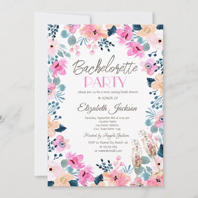 Invitación Moda Jardín Flores Rosa Bachelorette (Anverso)