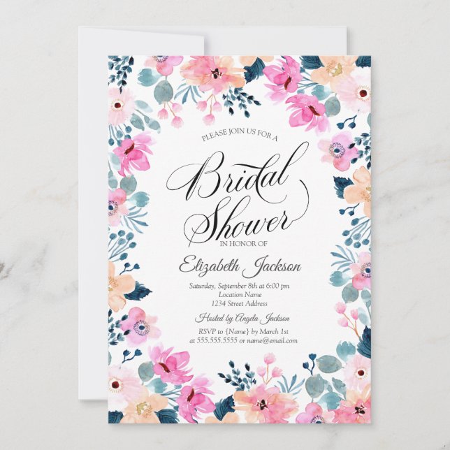 Invitación Moda Jardín Flores Rosa Ducha Bridal (Anverso)