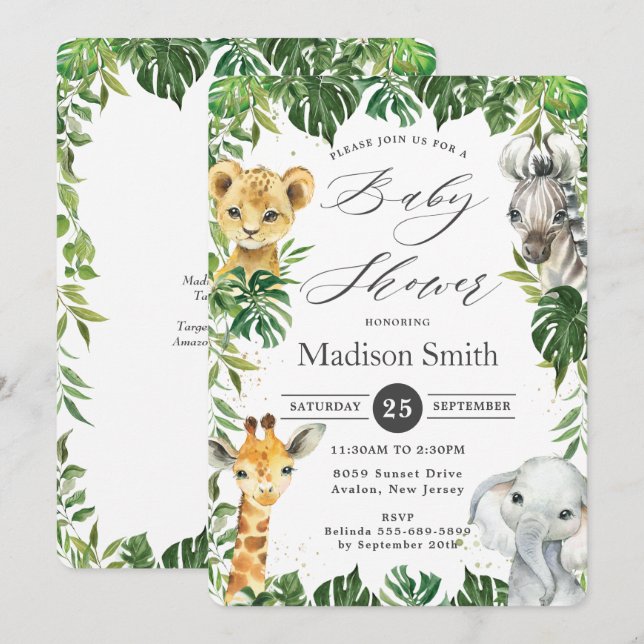 Invitación Moda Jungla Animales Verdor Safari Baby Shower (Anverso / Reverso)