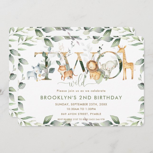 Invitación Moda Jungla Animales Verdor Segundo cumpleaños Dos (Anverso / Reverso)