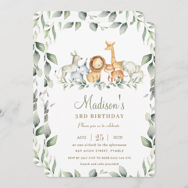Invitación Moda Jungle Animales Greenery Cumpleaños Chica (Anverso / Reverso)