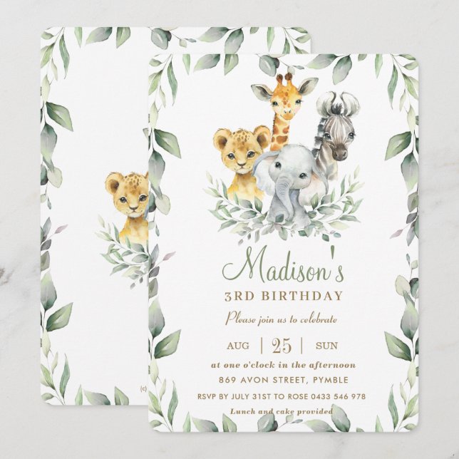 Invitación Moda Jungle Animales Greenery Cumpleaños Chica (Anverso / Reverso)