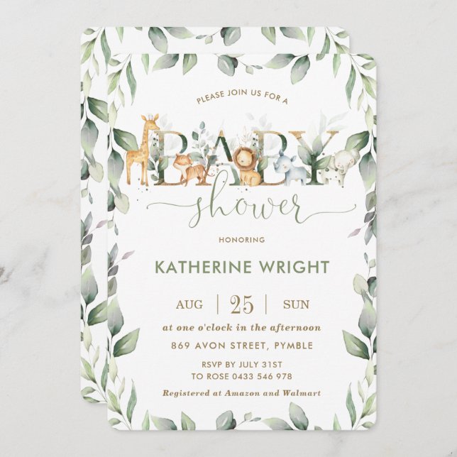 Invitación Moda Jungle Animals Greenery Baby Shower Boy Chica (Anverso / Reverso)