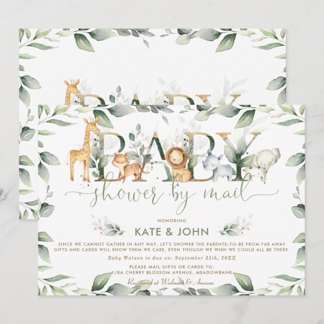 Invitación Moda Jungle Animals Greenery Baby Shower por corre (Anverso / Reverso)