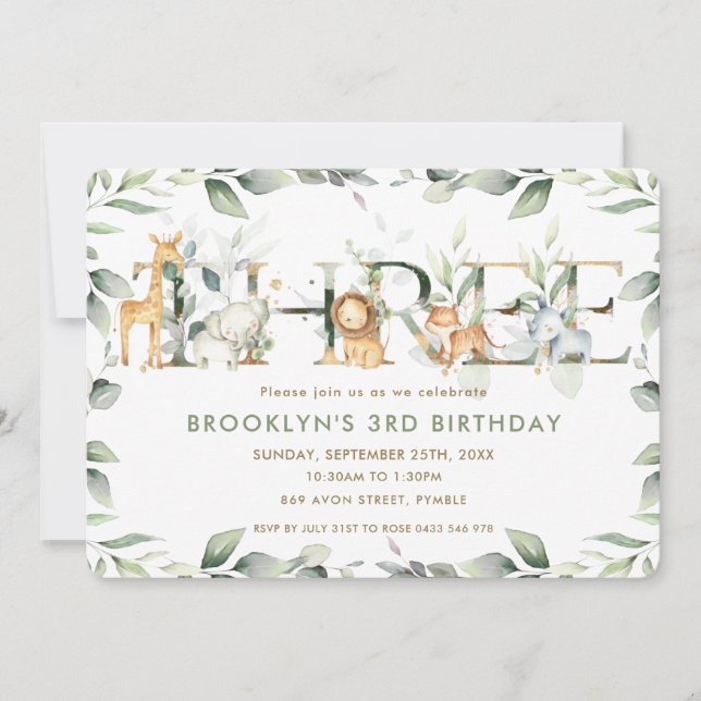 Invitación Moda Jungle Animals Greenery Tercer Cumpleaños Tre (Anverso)