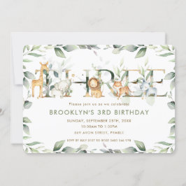 Invitación Moda Jungle Animals Greenery Tercer Cumpleaños Tre