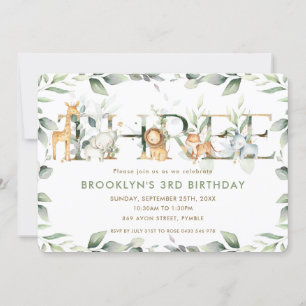Invitación Moda Jungle Animals Greenery Tercer Cumpleaños Tre