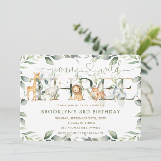 Invitación Moda Jungle Animals Greenery Wild 3 cumpleaños (Anverso de pie)