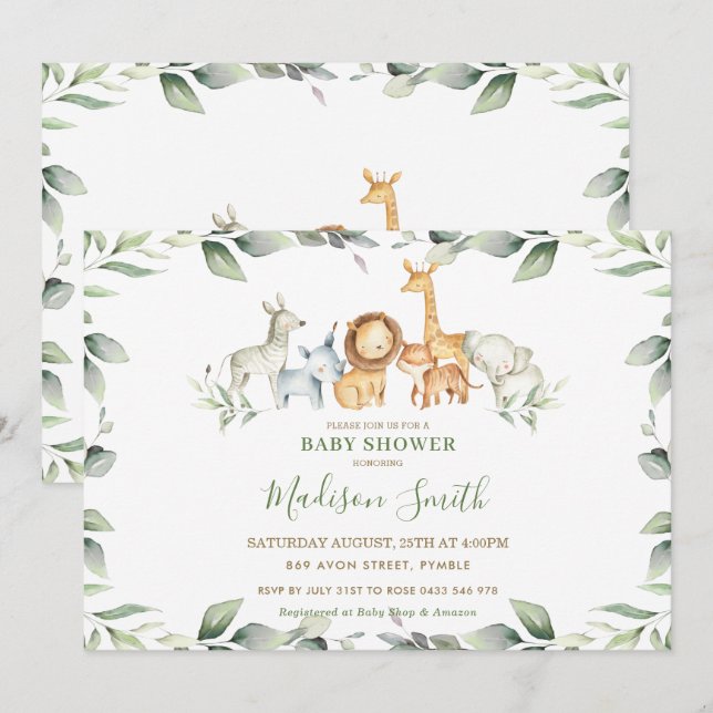 Invitación Moda Jungle Animals Pastel Greenery Baby Shower (Anverso / Reverso)