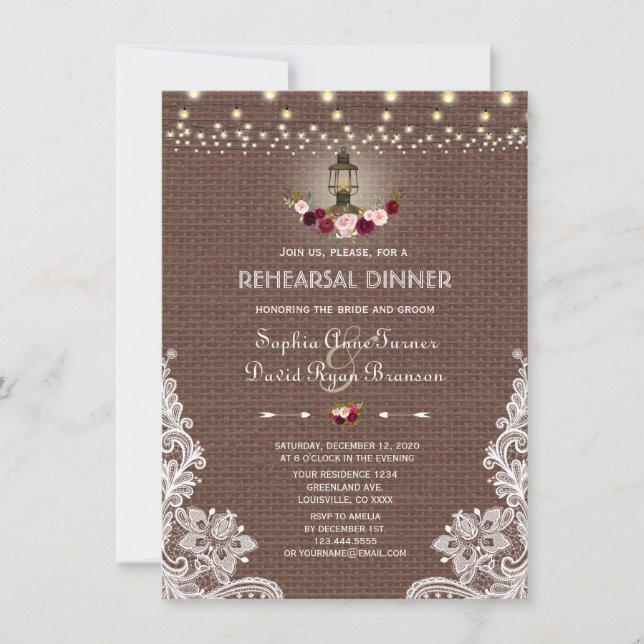 Invitación Moda Lace Burlap String Luces Ensayo Cena (Anverso)