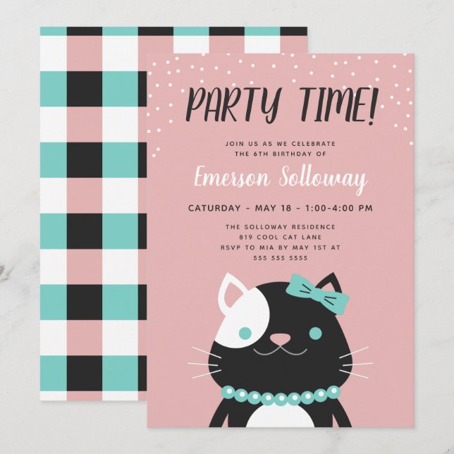 Invitación Moda Lady Gato Niños Rosa Fiesta de cumpleaños (Anverso / Reverso)