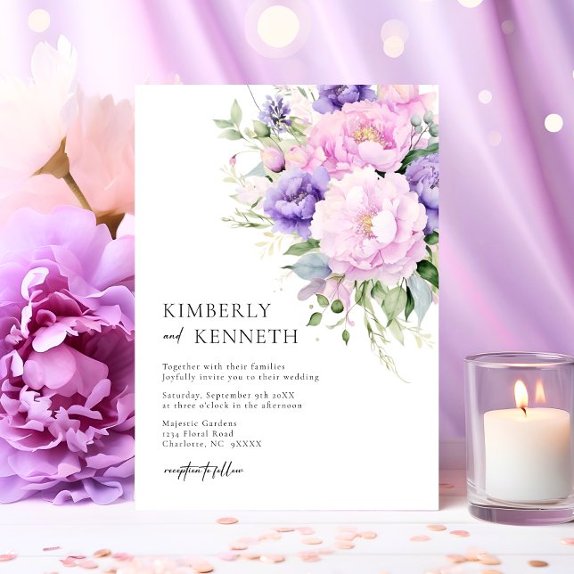 Invitación Moda Lavanda Púrpura Boda Floral Violeta Rosa (Chic Purple Lavender Pink Violet Floral Wedding Invitation)