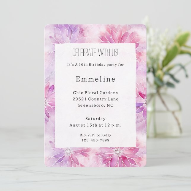 Invitación Moda Lavanda Rosa Cumpleaños Floral (Anverso de pie)