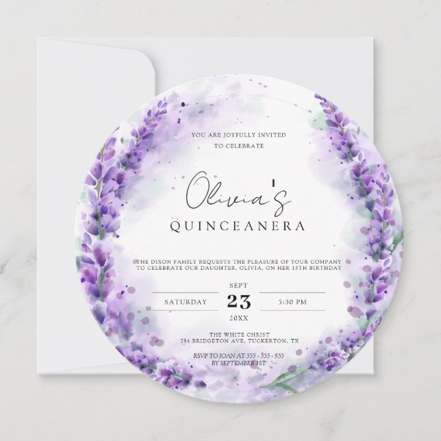 Invitación Moda Lavender acuarela Foto moderna Quinceanera (Anverso)