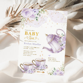 Invitación Moda Lavender Gold Floral Baby Shower Tea Fiesta
