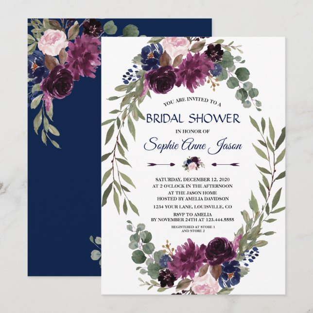 Invitación Moda Lavender Naval Floral Azul Floral Flor Ducha  (Anverso / Reverso)