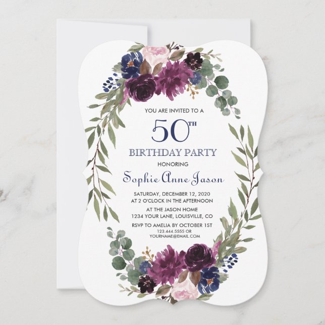 Invitación Moda Lavender Navy Floral Azul Bloom 50 cumpleaños (Anverso)