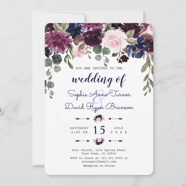 Invitación Moda Lavender Navy Floral Azul Boda (Anverso)