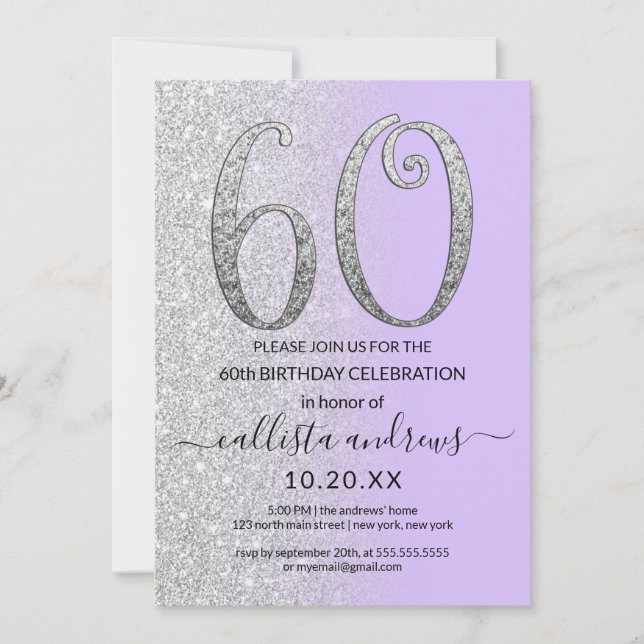 Invitación Moda Lavender Purpurina Plata Ombre 60 cumpleaños (Anverso)
