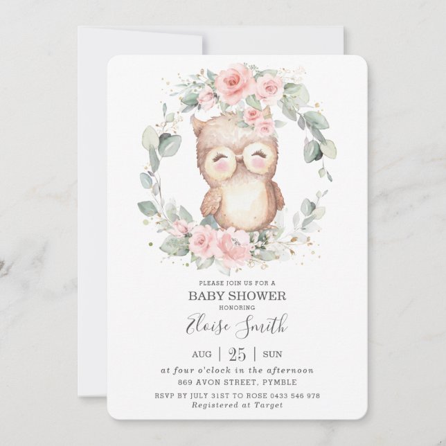 Invitación Moda Lechuza Azul Rosa Verde Floral Baby Shower (Anverso)