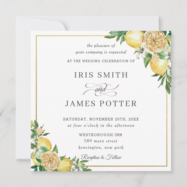 Invitación Moda Lemon Floral Greenering Gold Boda Square (Anverso)