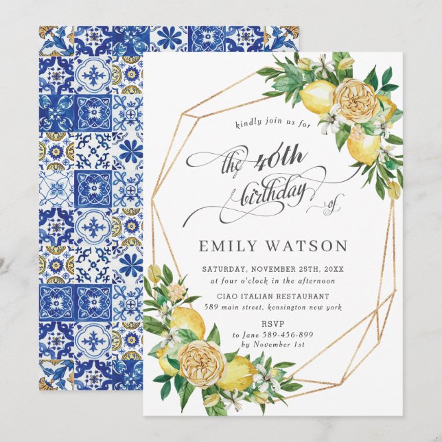 Invitación Moda Lemon Floral Greenery Geométrico Cumpleaños (Anverso / Reverso)